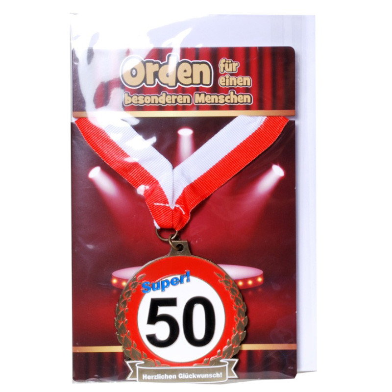 Udo Schmidt Orden 50 auf Karte mit rot weißem Band originelle Geburtstagsmedaille zum 50 Geburtstag